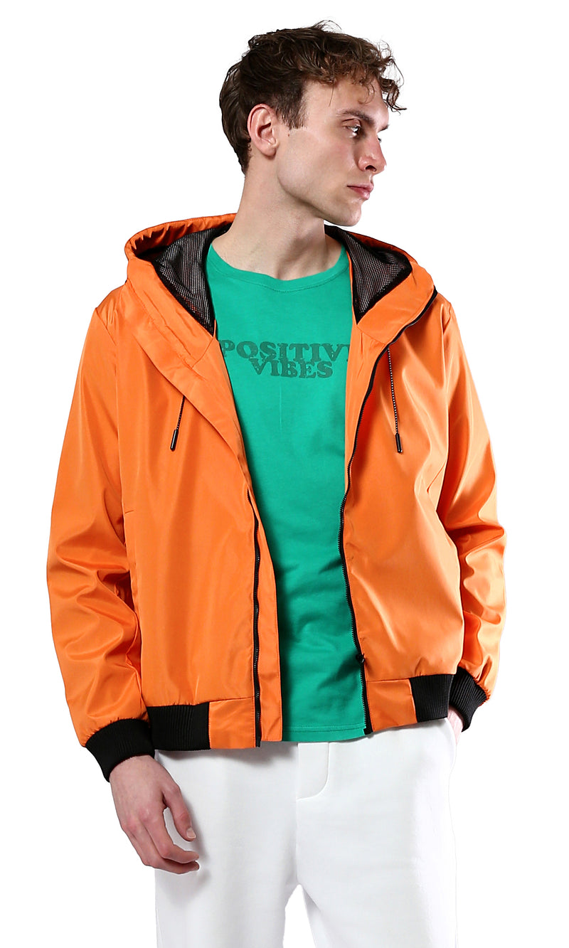 O176268 Solid Orange Jacket With Mesh Hooded Neck