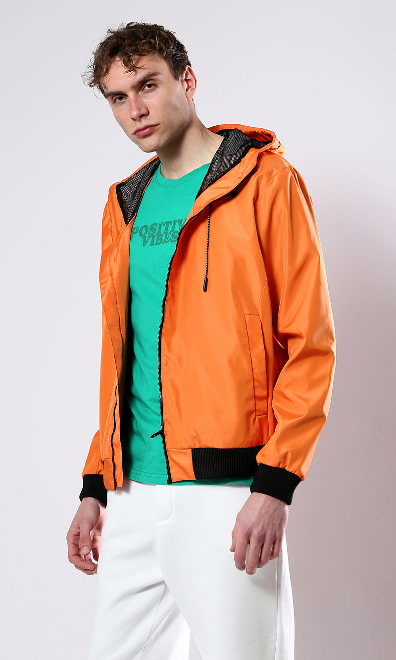 O176268 Solid Orange Jacket With Mesh Hooded Neck