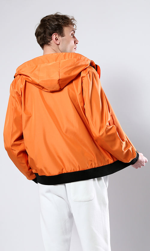 O176268 Solid Orange Jacket With Mesh Hooded Neck
