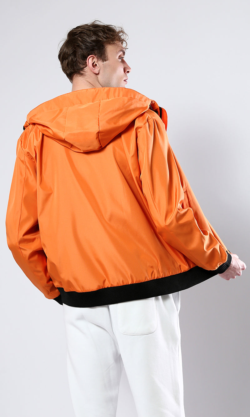 O176268 Solid Orange Jacket With Mesh Hooded Neck
