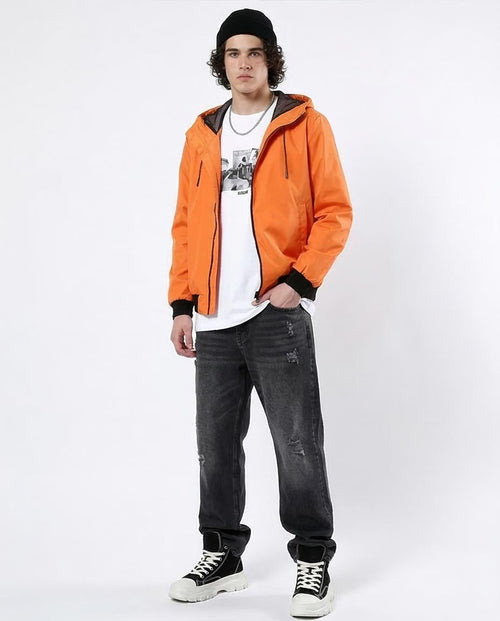 Ravin Men's Tech-Shell Hooded Windbreaker with Contrast Ribbing – Electric Orange - O176268