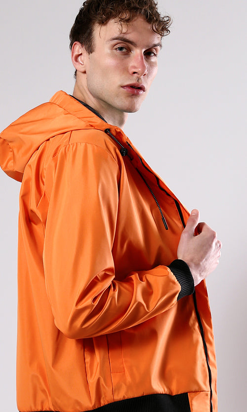 O176268 Solid Orange Jacket With Mesh Hooded Neck
