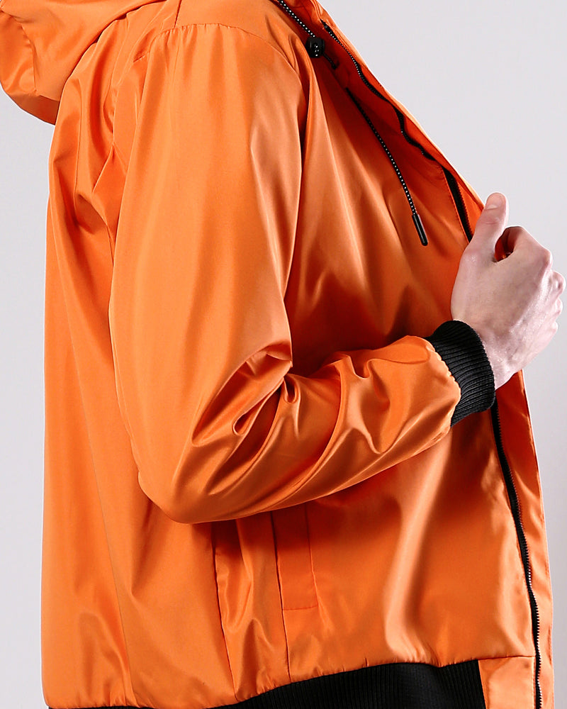 Ravin Men's Tech-Shell Hooded Windbreaker with Contrast Ribbing – Electric Orange - O176268