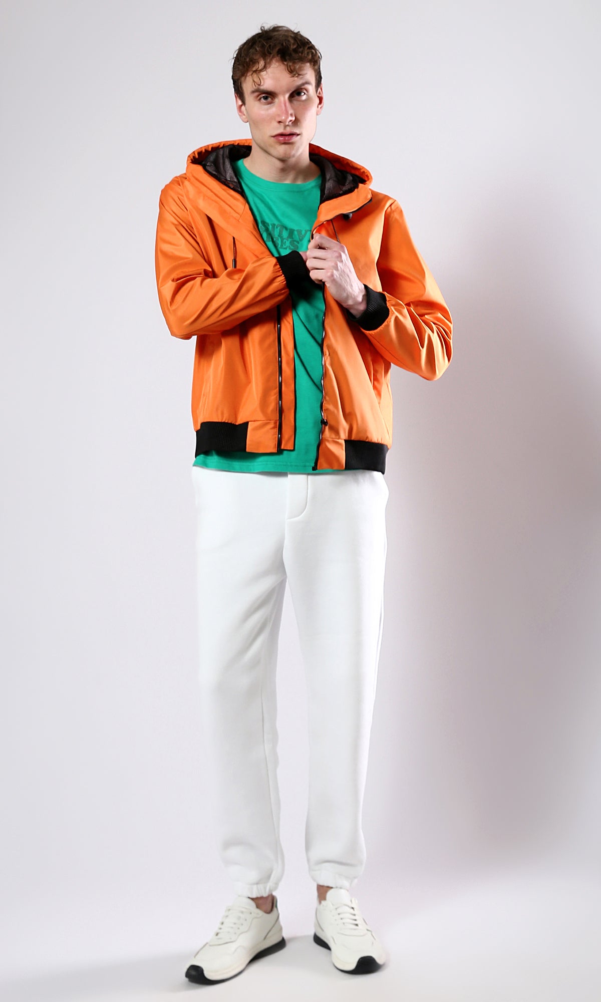 O176268 Solid Orange Jacket With Mesh Hooded Neck