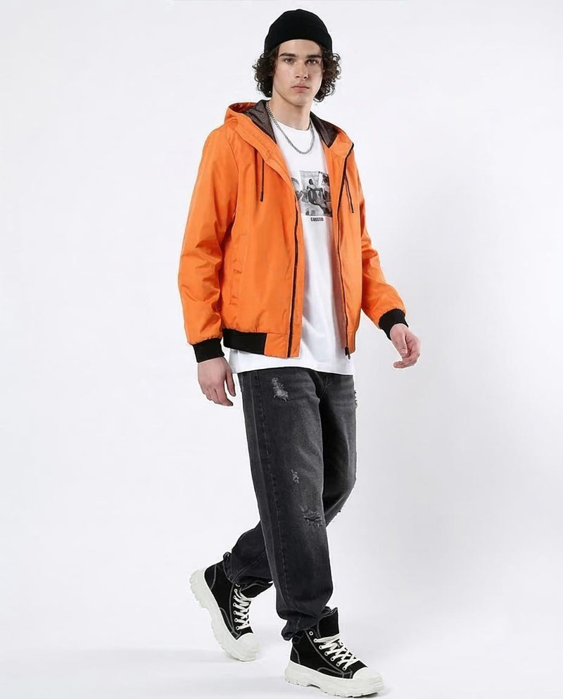 Ravin Men's Tech-Shell Hooded Windbreaker with Contrast Ribbing – Electric Orange - O176268