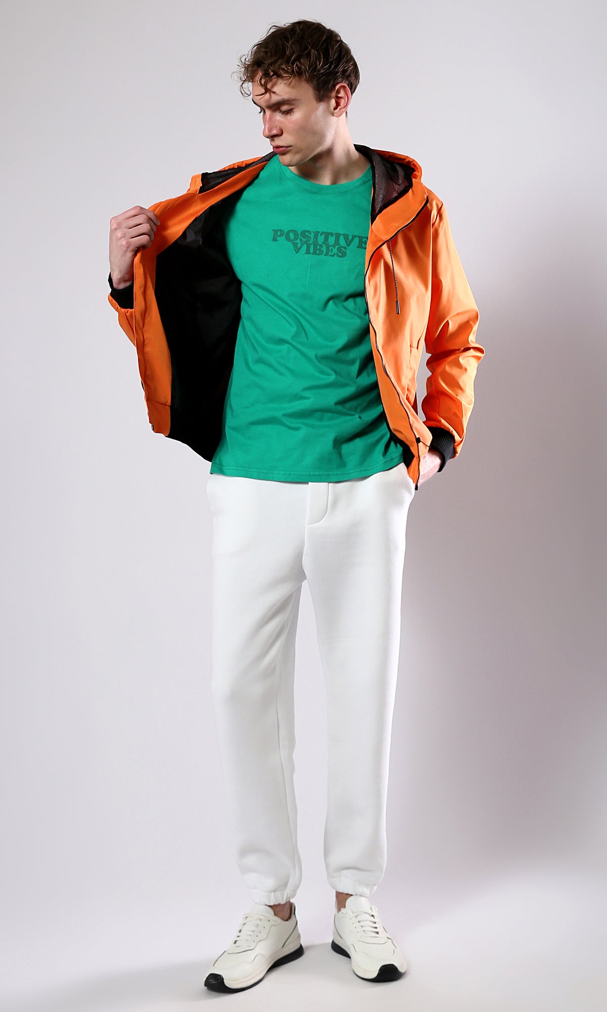 O176268 Solid Orange Jacket With Mesh Hooded Neck
