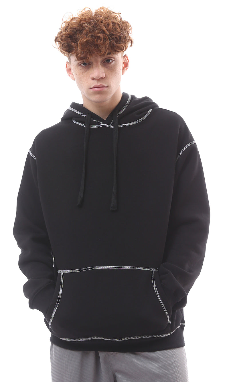 O176277 Solid Black Hoodie With Kangaroo Pocket