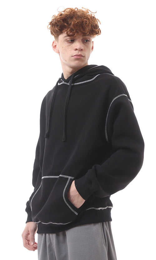 O176277 Solid Black Hoodie With Kangaroo Pocket