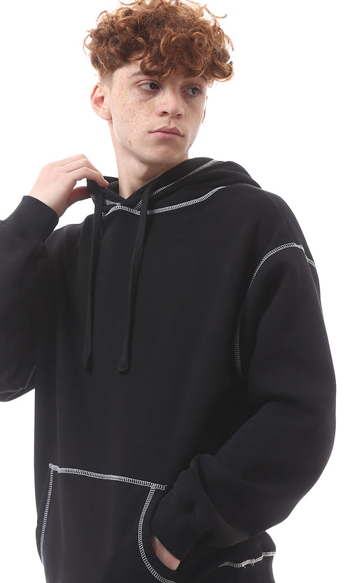 O176277 Solid Black Hoodie With Kangaroo Pocket