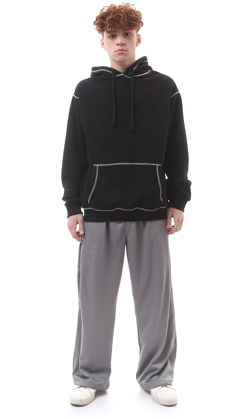 O176277 Solid Black Hoodie With Kangaroo Pocket