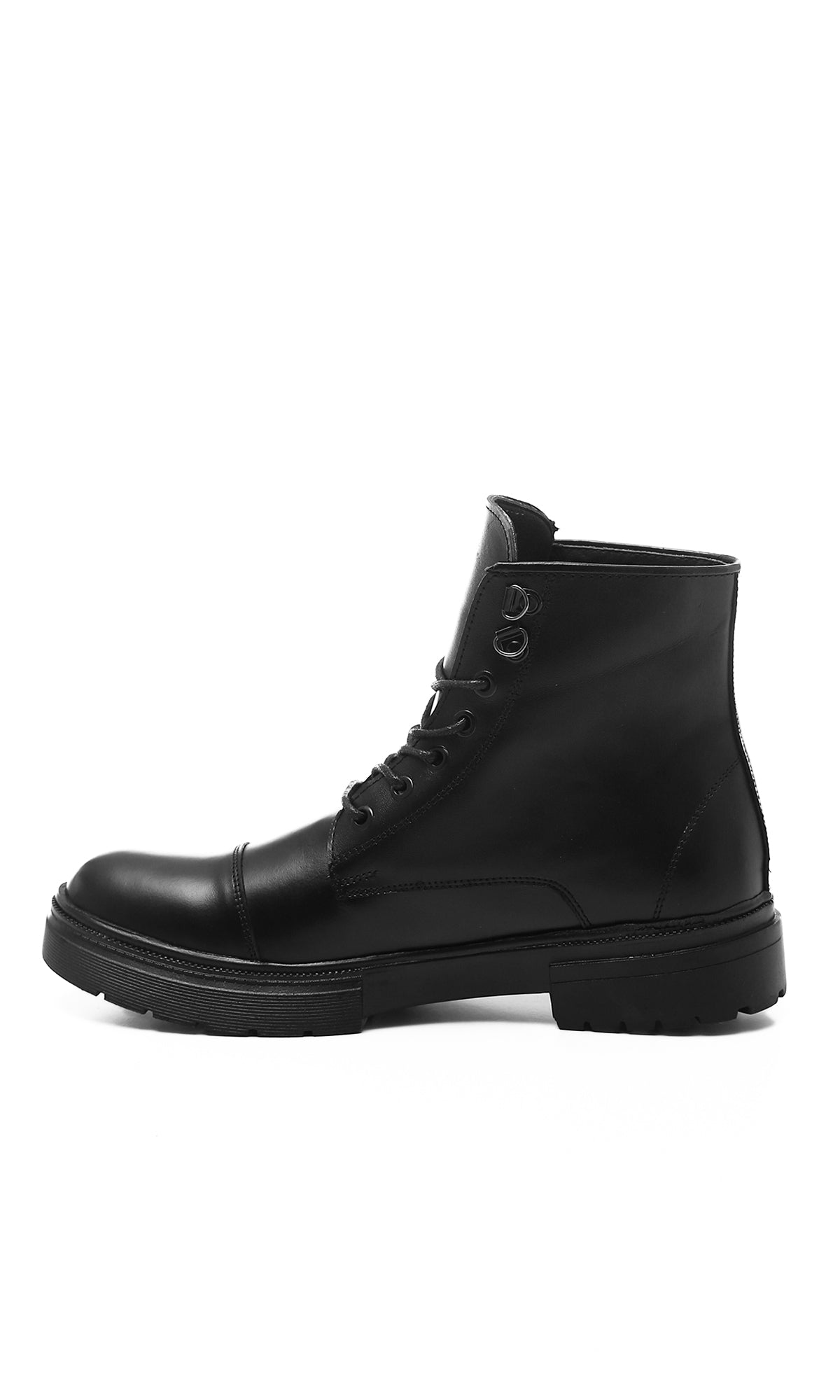O176285 Lace Up Leather Boots With Oval Toecap - Black
