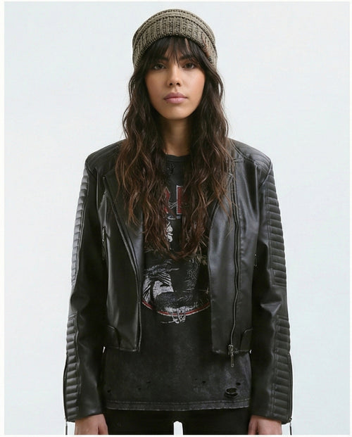 O176289 Stitched Sleeves Black Leather Biker Jacket