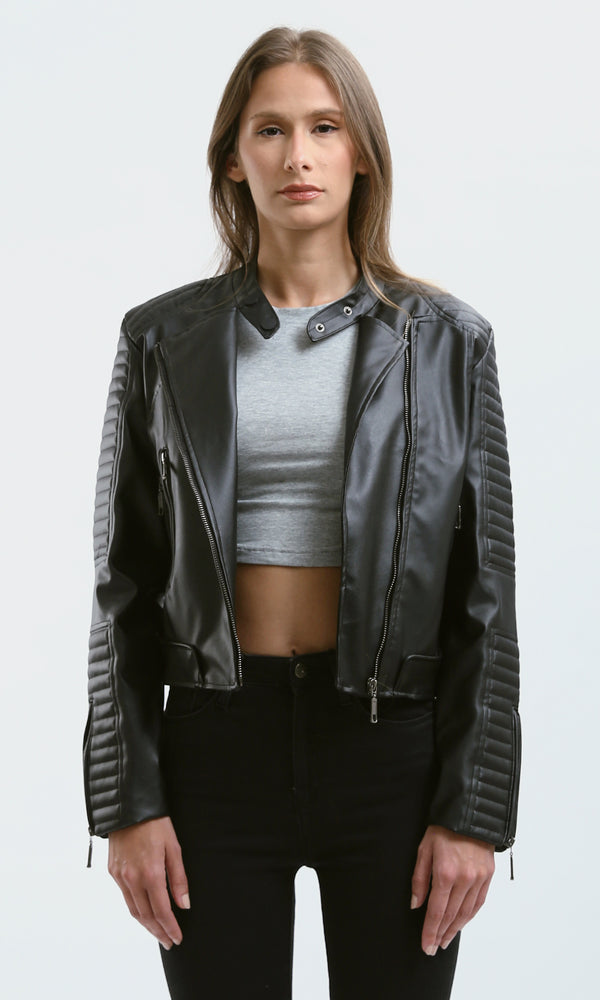 O176289 Stitched Sleeves Black Leather Biker Jacket