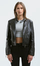 O176289 Stitched Sleeves Black Leather Biker Jacket