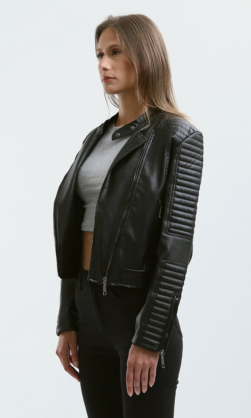 O176289 Stitched Sleeves Black Leather Biker Jacket