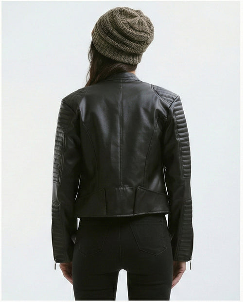 O176289 Stitched Sleeves Black Leather Biker Jacket