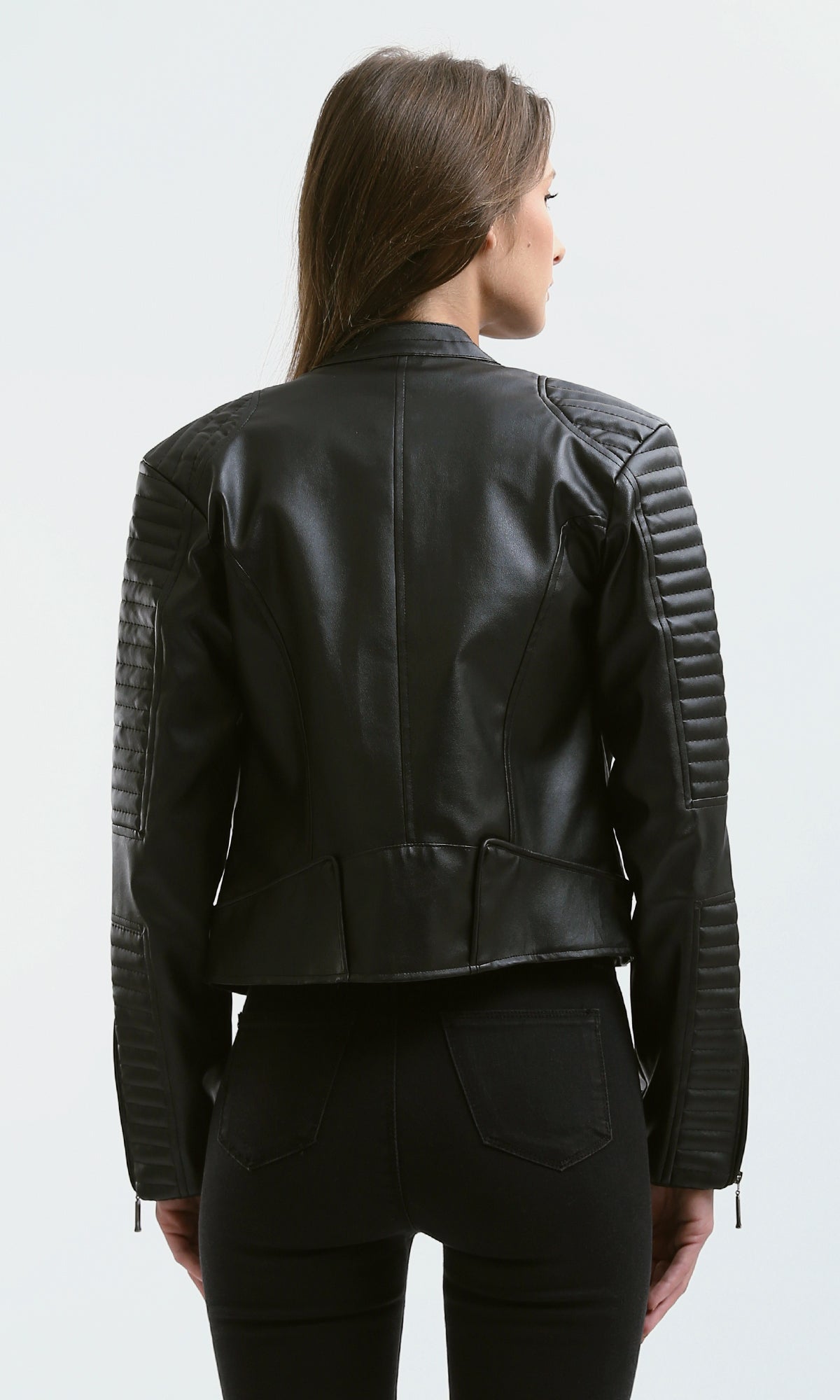 O176289 Stitched Sleeves Black Leather Biker Jacket