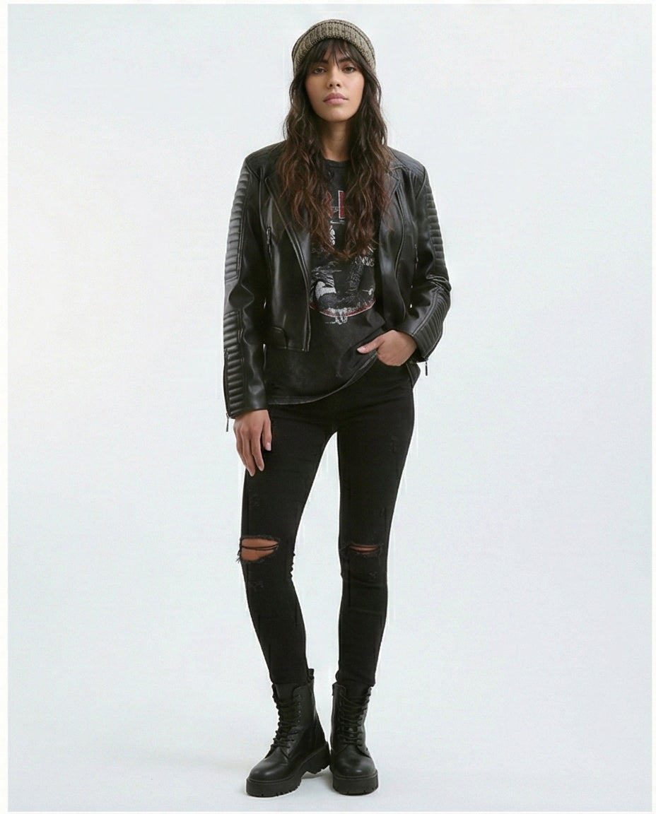 O176289 Stitched Sleeves Black Leather Biker Jacket