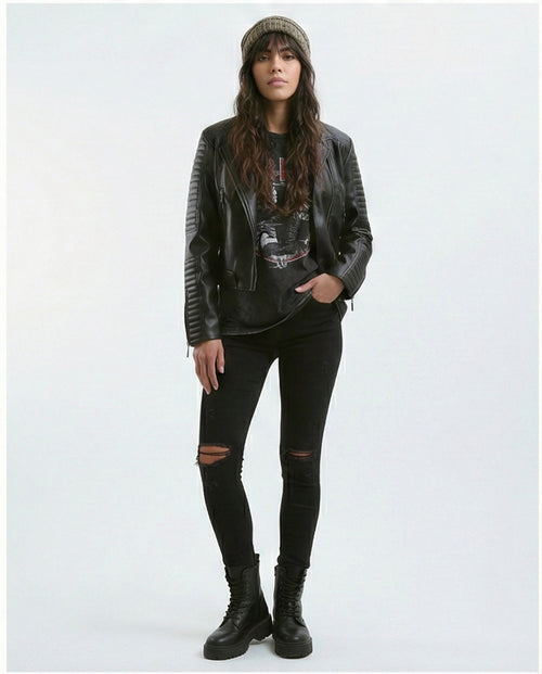 O176289 Stitched Sleeves Black Leather Biker Jacket