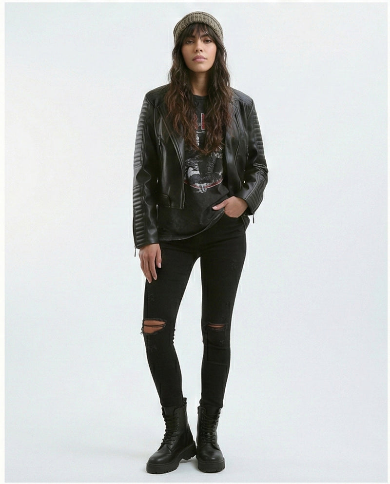 O176289 Stitched Sleeves Black Leather Biker Jacket