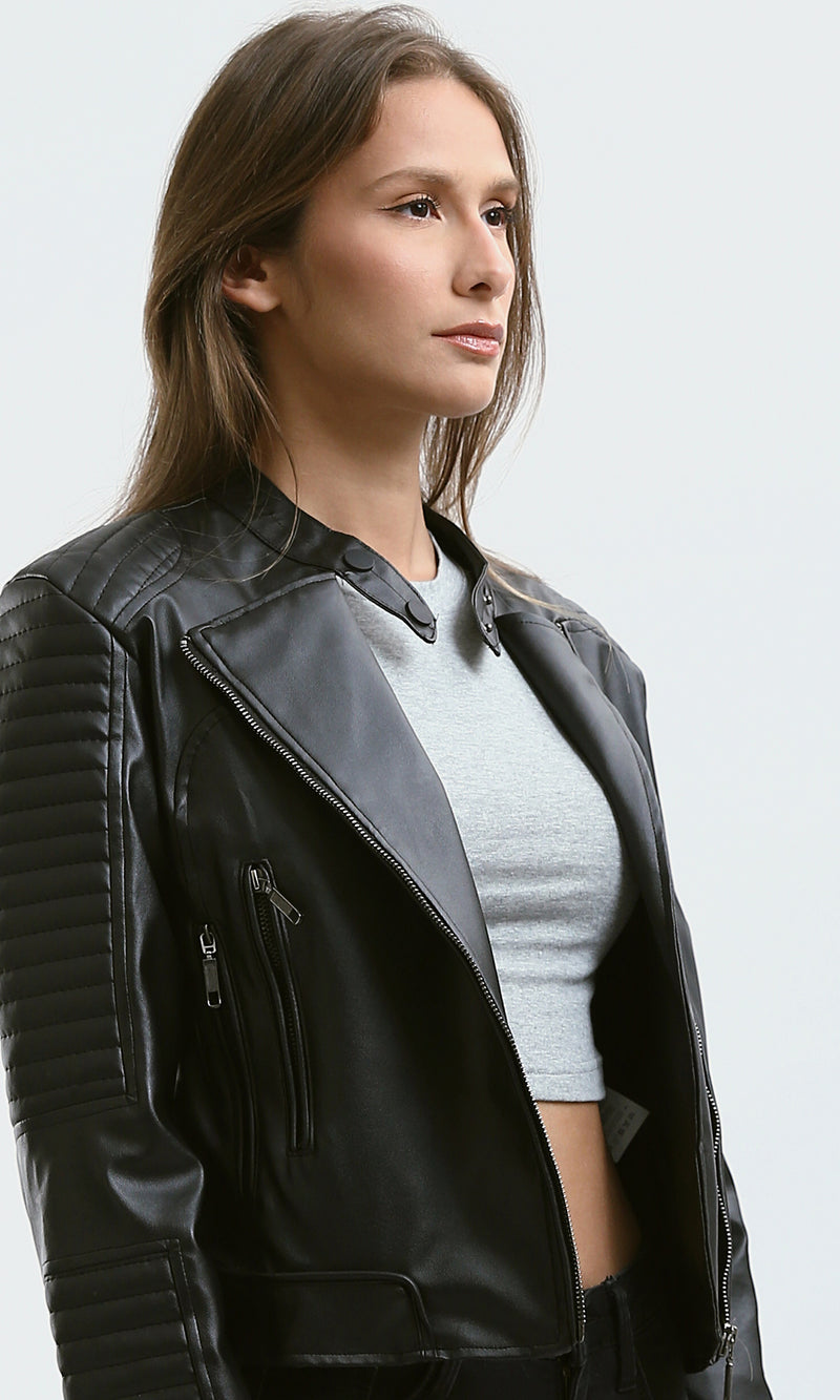 O176289 Stitched Sleeves Black Leather Biker Jacket