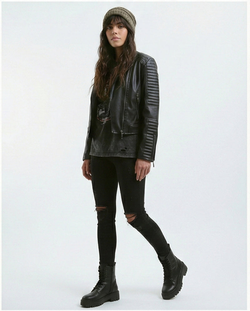 O176289 Stitched Sleeves Black Leather Biker Jacket