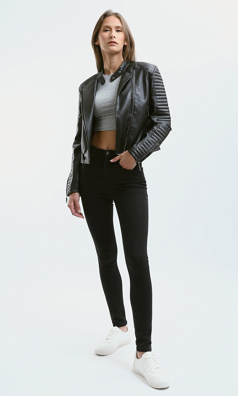 O176289 Stitched Sleeves Black Leather Biker Jacket