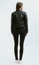 O176289 Stitched Sleeves Black Leather Biker Jacket