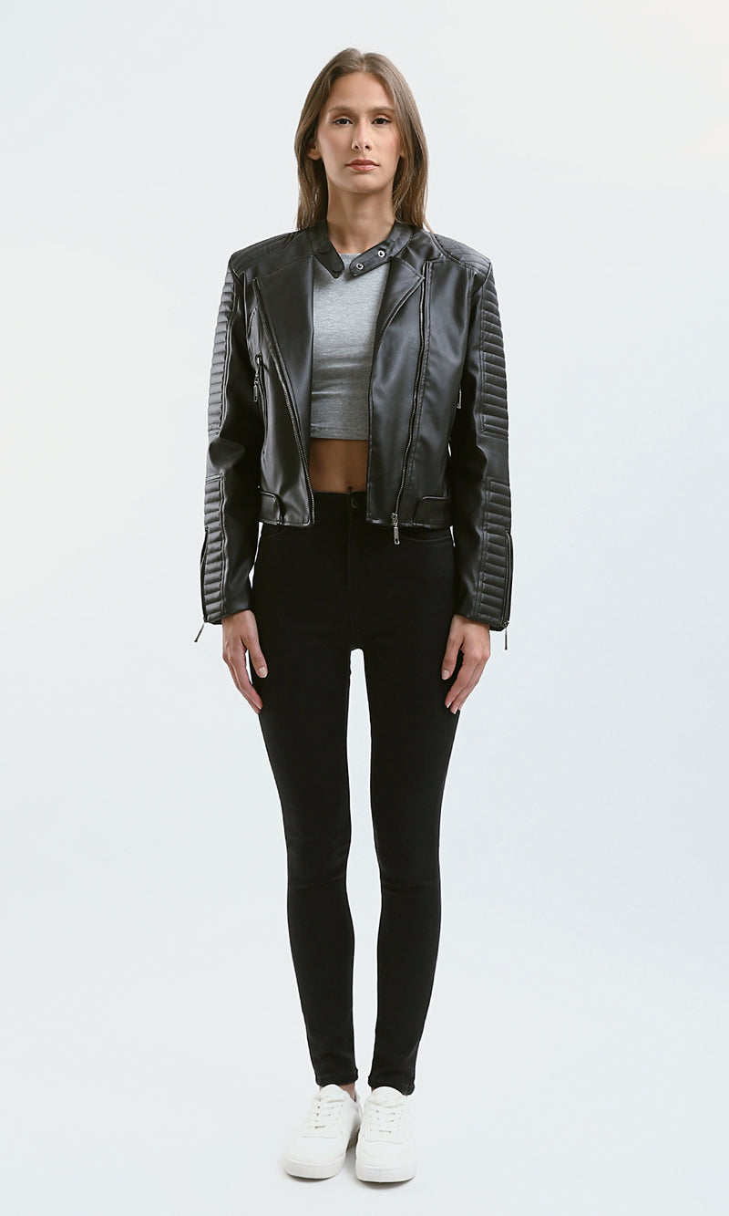 O176289 Stitched Sleeves Black Leather Biker Jacket