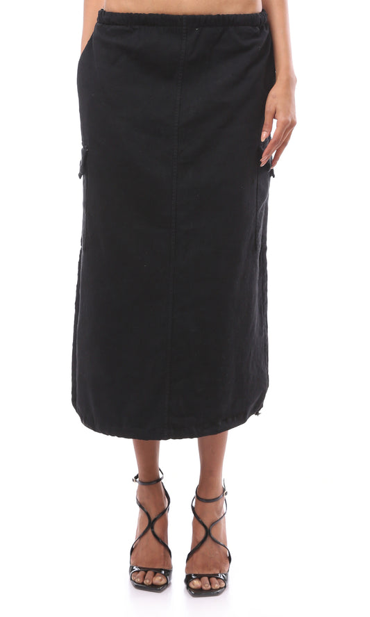 O176296 Solid Elastic Waist Black Midi-Skirt With Back Slit