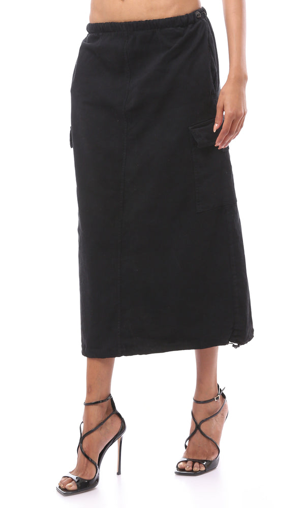 O176296 Solid Elastic Waist Black Midi-Skirt With Back Slit
