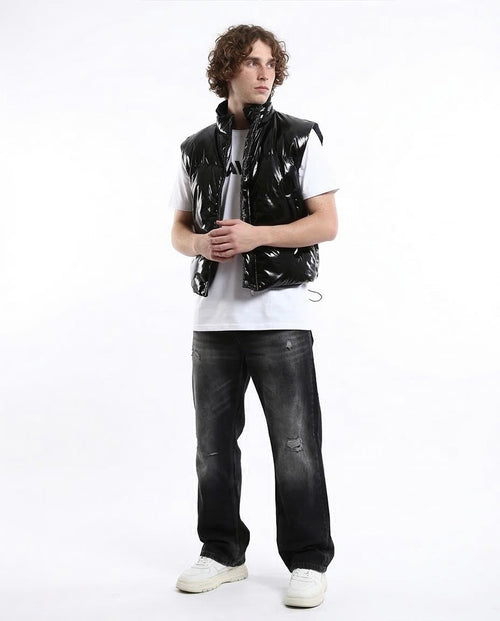 Ravin High-Shine Quilted Puffer Vest in Glossy Black - O176357