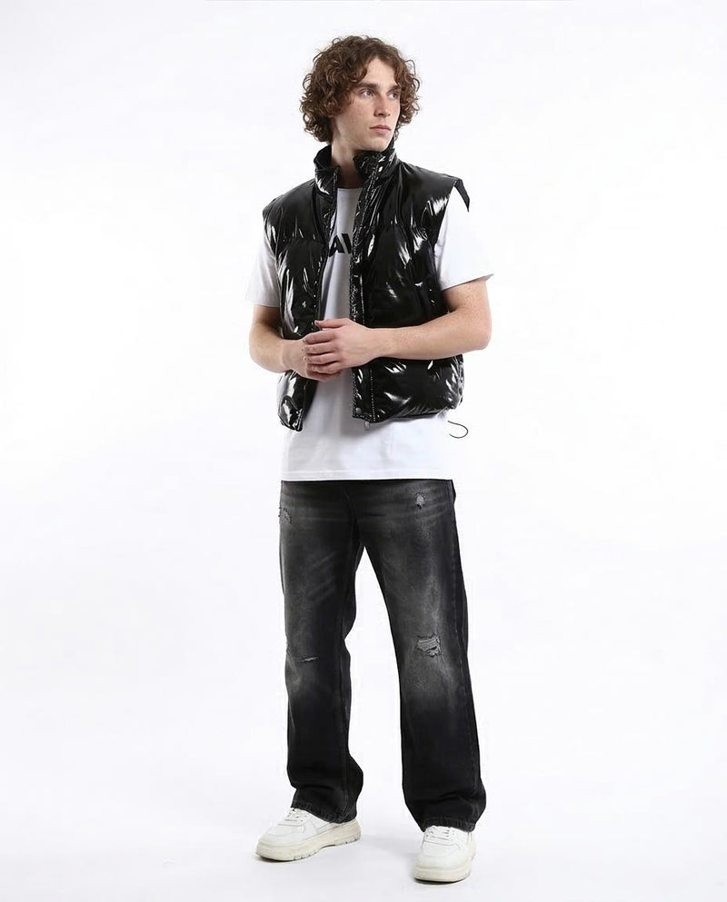 Ravin High-Shine Quilted Puffer Vest in Glossy Black - O176357