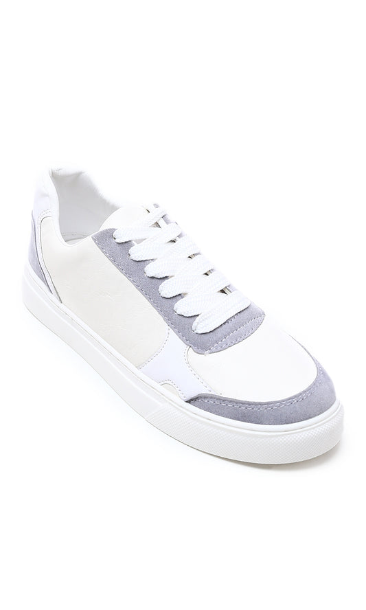 O176364 Textured Leather & Suede Casual Shoes - White & Grey