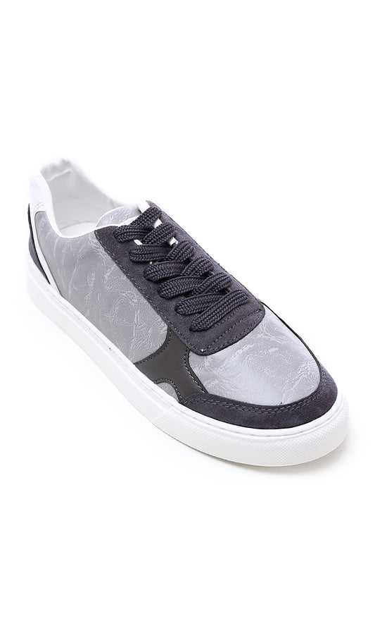 O176366 Textured Leather & Suede Casual Shoes - Grey