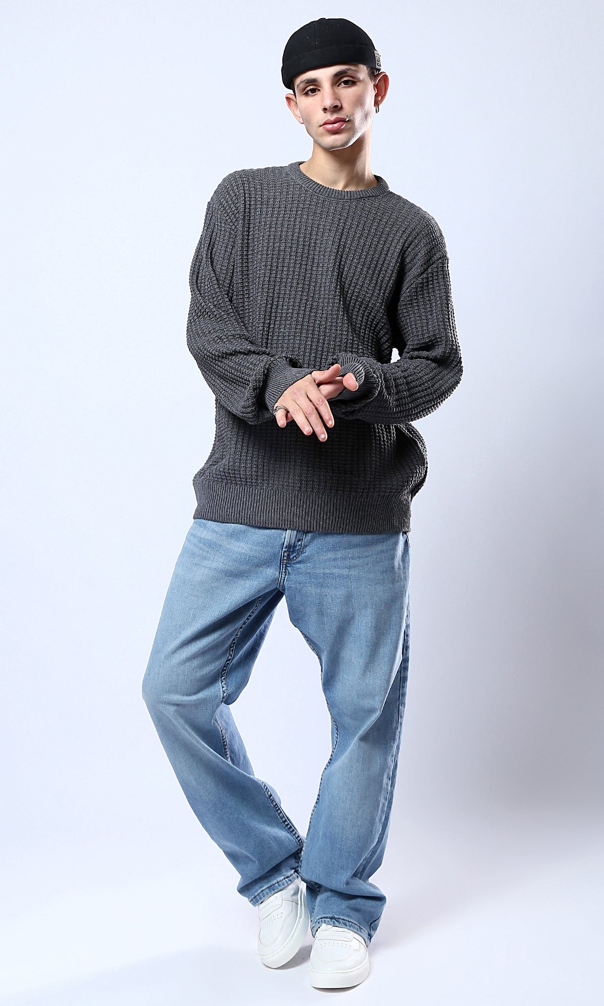O176370 Dark Grey Pullover With Ribbed Round Neck