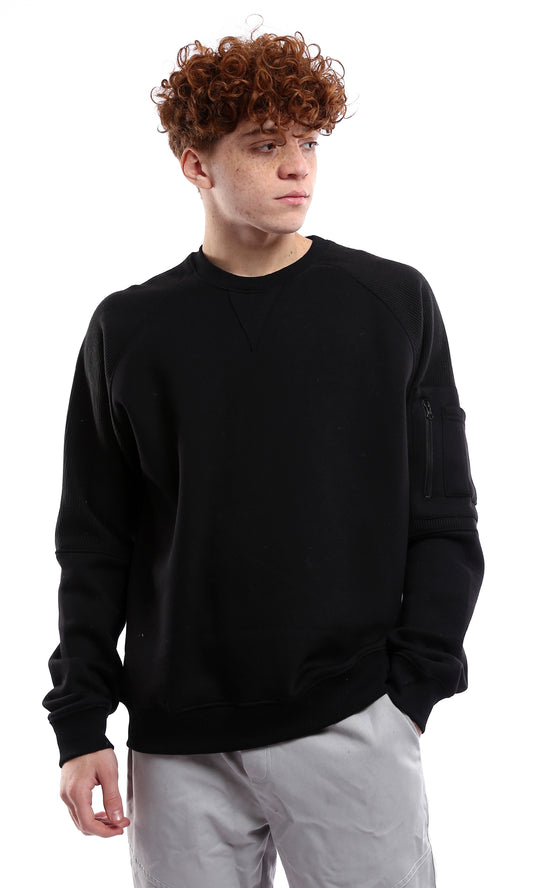 O176384 Black Ribbed Sleeves Slip On Casual Sweatshirt