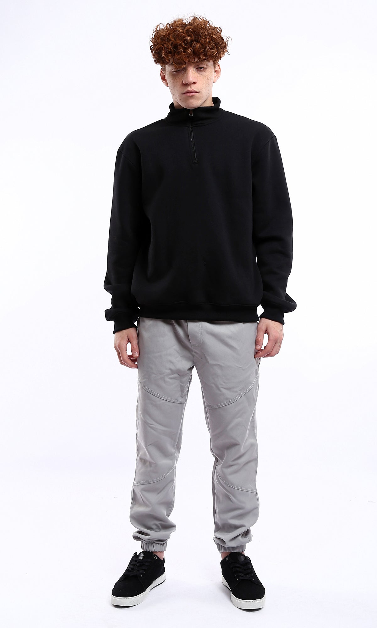 O176385 Zipped Stand Neck Black Solid Sweatshirt
