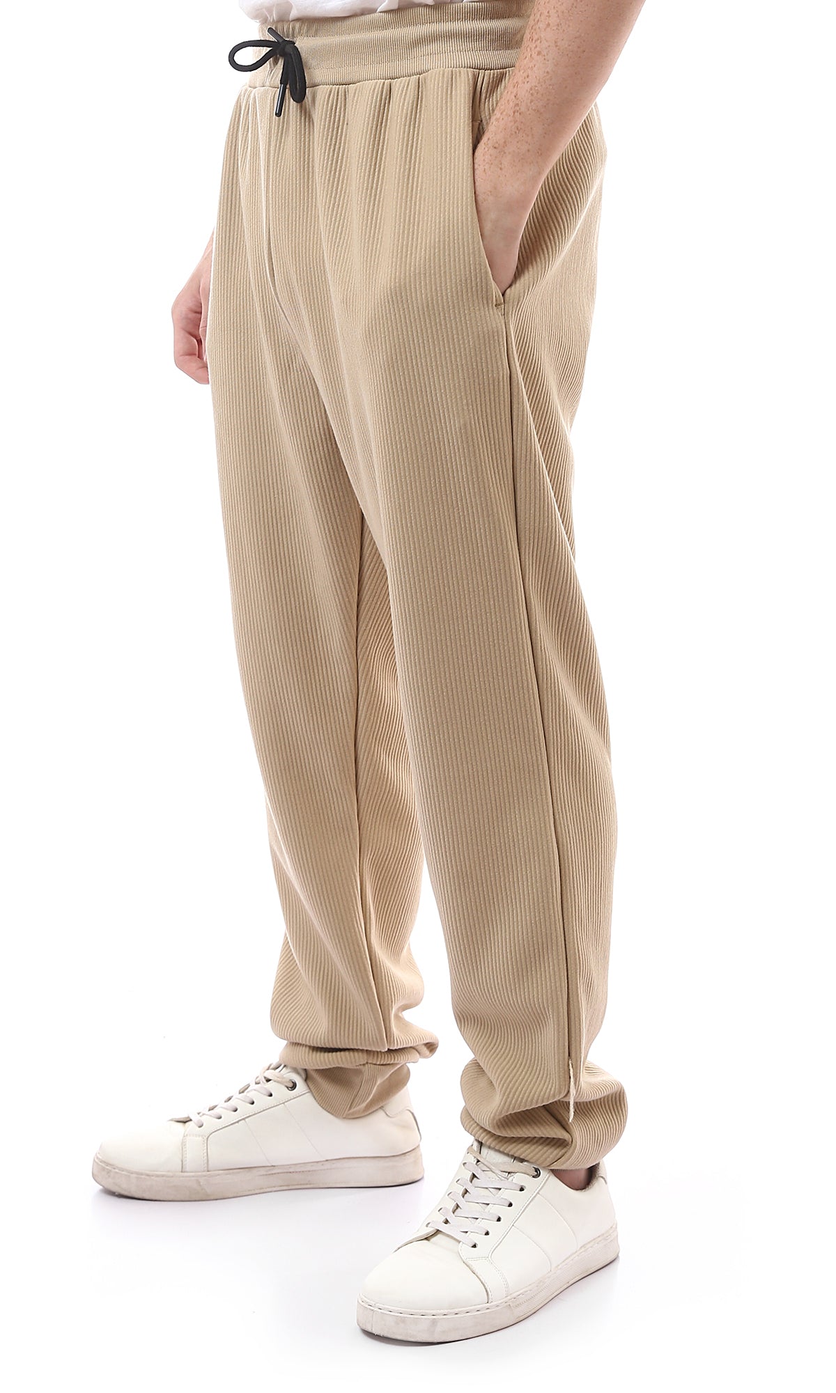 O176391 Sand Beige Ribbed Jogger Pants With Elastic Waist
