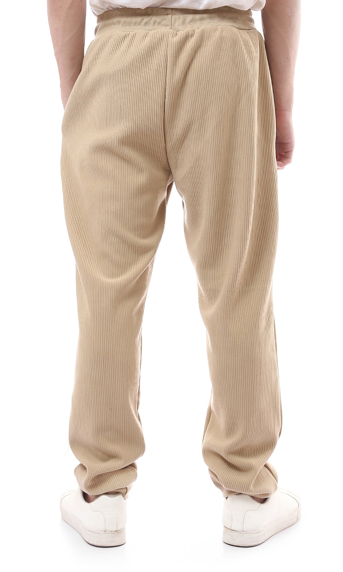 O176391 Sand Beige Ribbed Jogger Pants With Elastic Waist