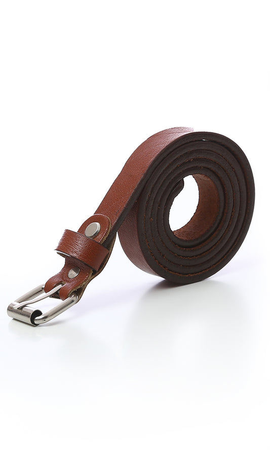 O176401 Textured Leather Casual Skinny Belt - Havana