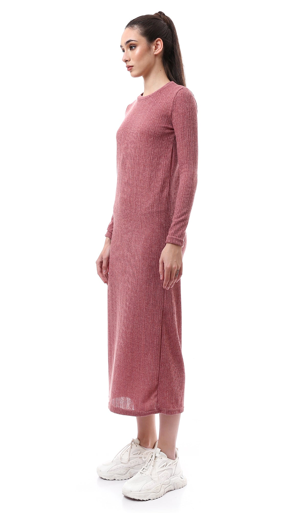 O176590 Dark Nude Pink Long Sleeves Ribbed Maxi Dress