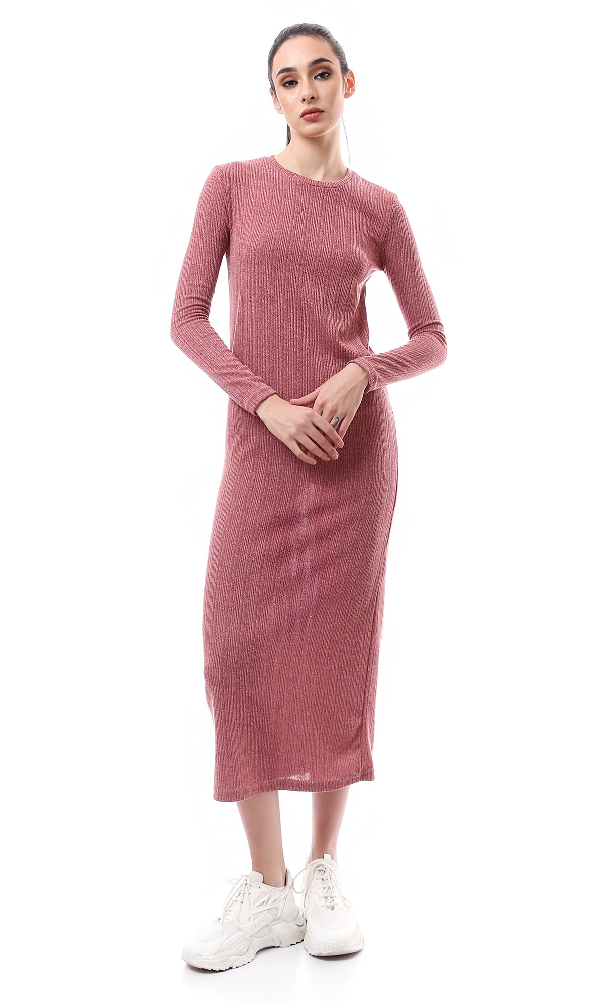 O176590 Dark Nude Pink Long Sleeves Ribbed Maxi Dress