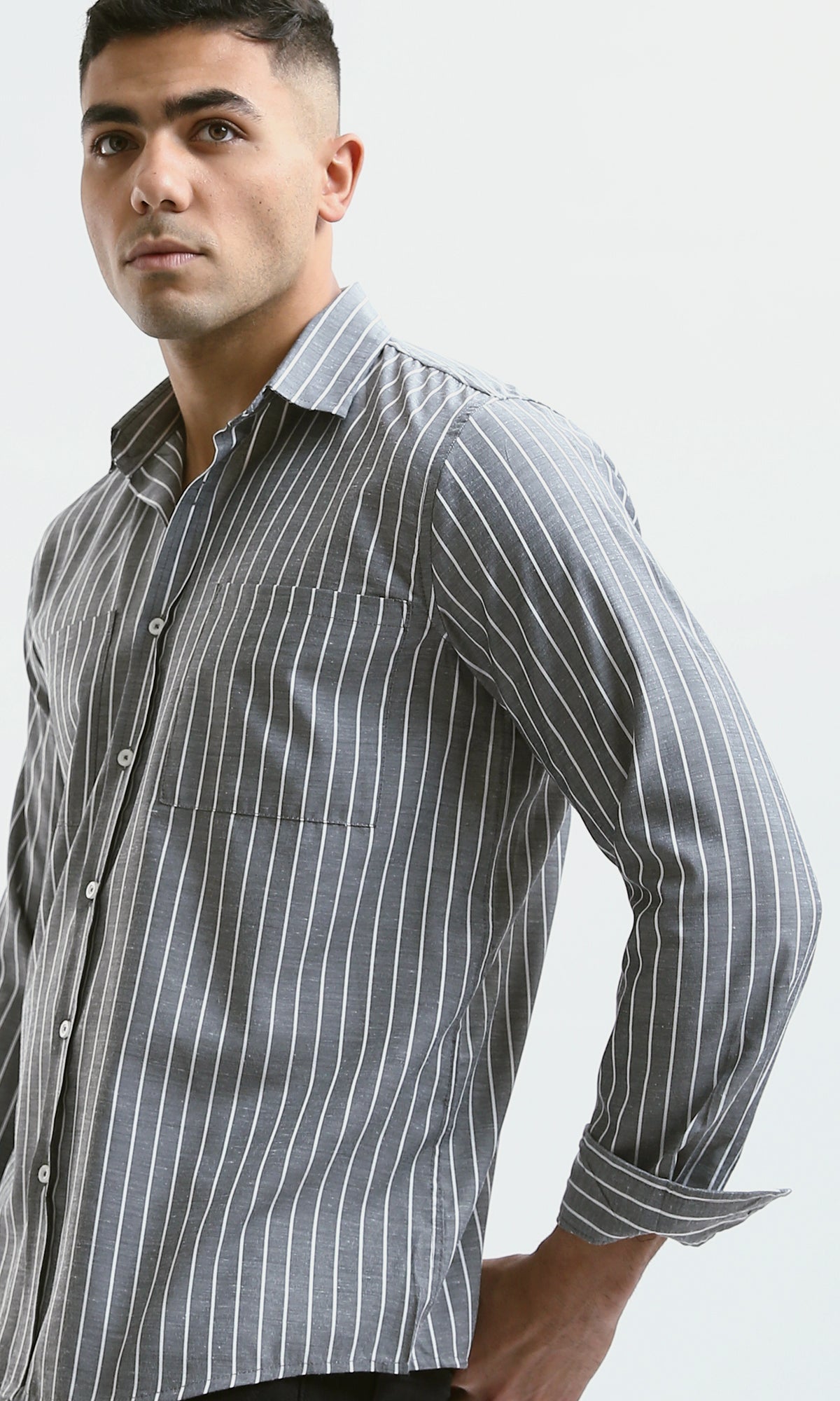 O176709 Long Sleeves Casual Striped Shirt - Dark Grey & White 