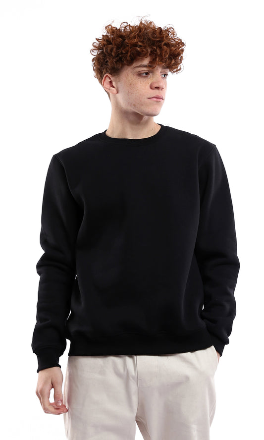 O176711 Solid Round Neck Slip On Black Sweatshirt