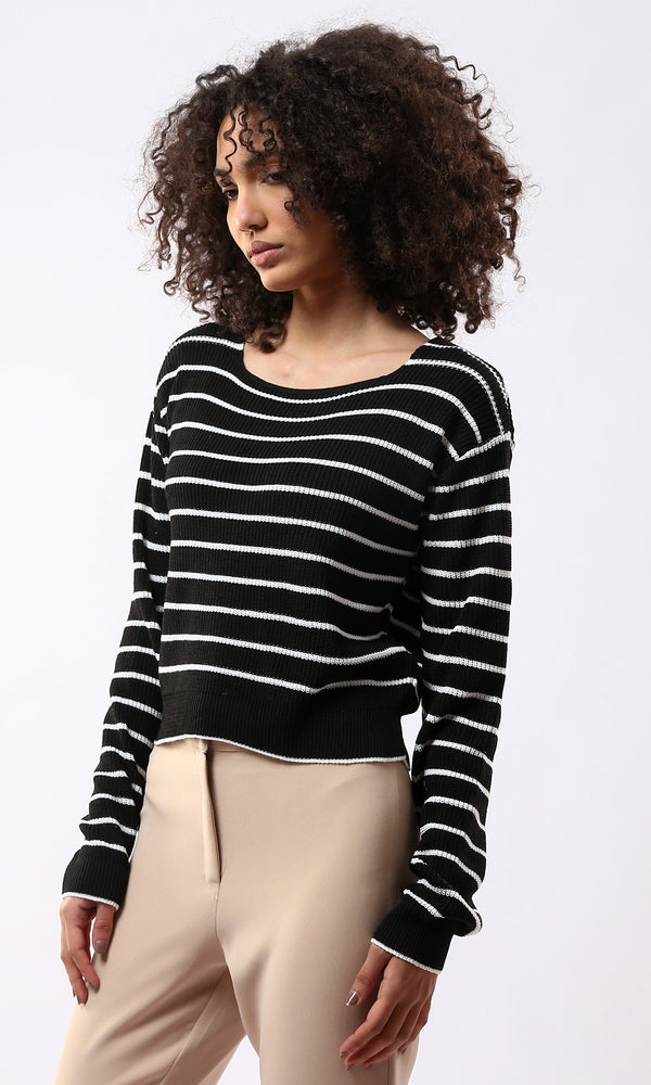 O177860 Boat Neck Striped Black & White Casual Pullover