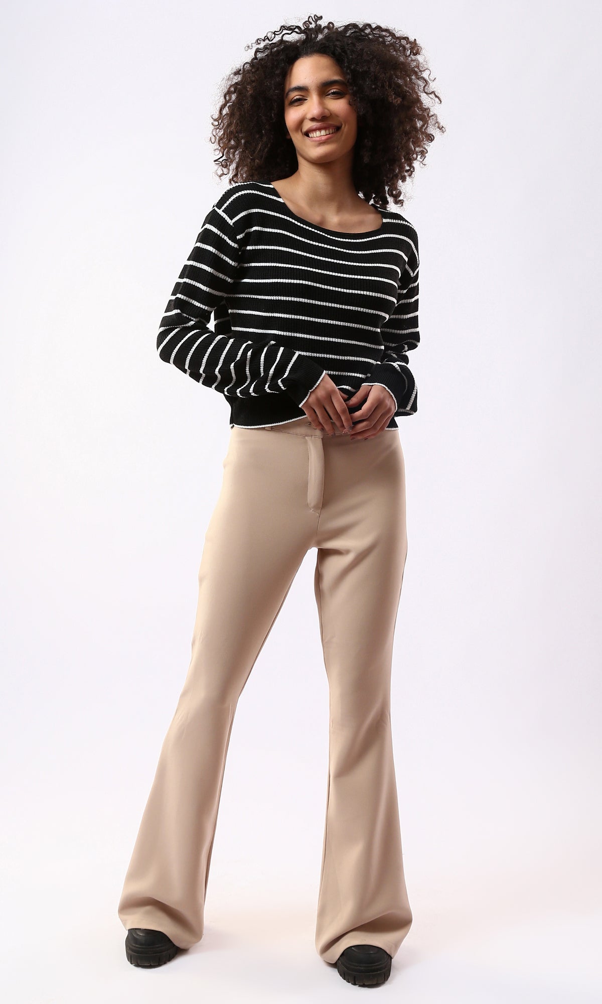 Boat Neck Striped Cropped Slim Fit Pullover - O177860
