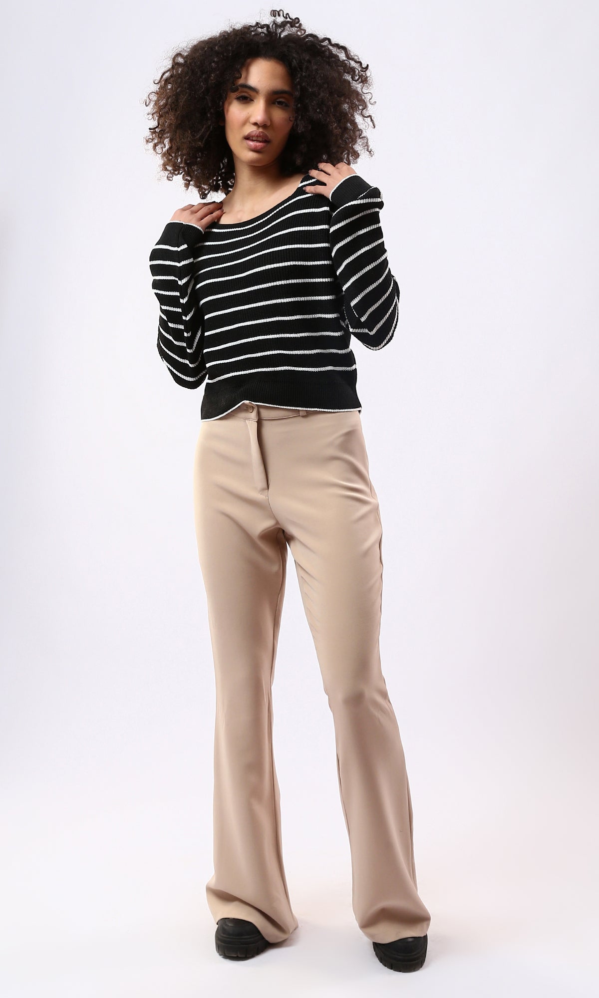Boat Neck Striped Cropped Slim Fit Pullover - O177860