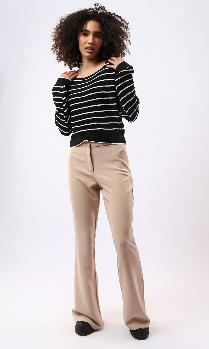 O177860 Boat Neck Striped Black & White Casual Pullover