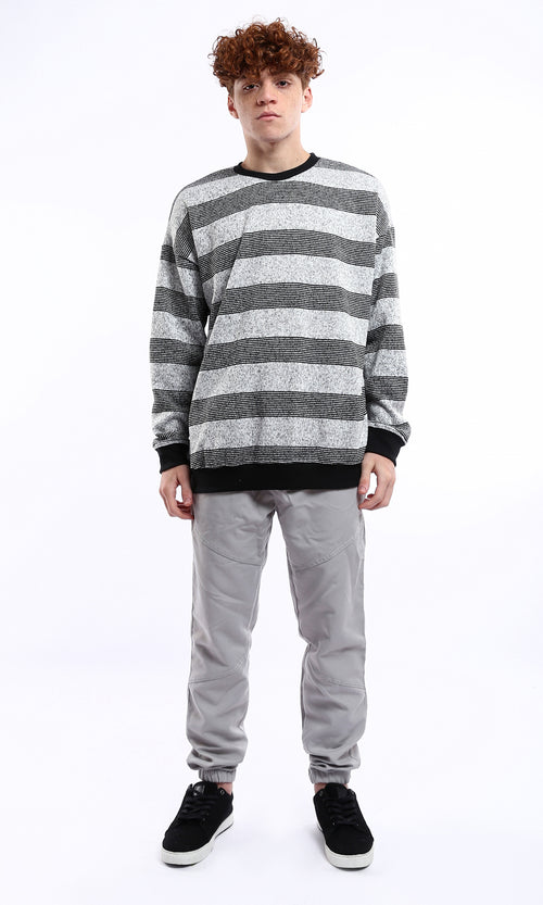 Light Grey Striped Oversized Crew-Neck Sweatshirt - O177883